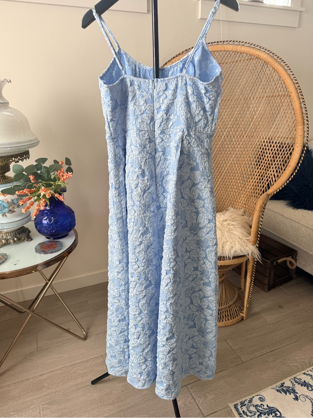 SHEIN / Floreya Light Blue Floral Textured Midi Dress • Size Medium - Picture 3 of 6